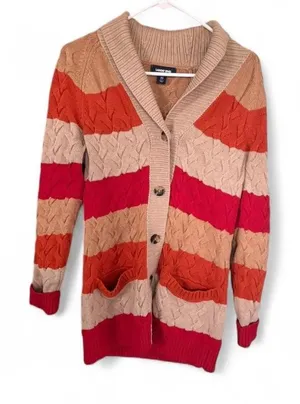 Lands End Colorful Striped Fisherman‎ Cardigan Sweater Sz XS Orange Pink thumbnail 1