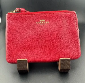 Coach Red Leather Wristlet Pouch with Gold Logo thumbnail 1