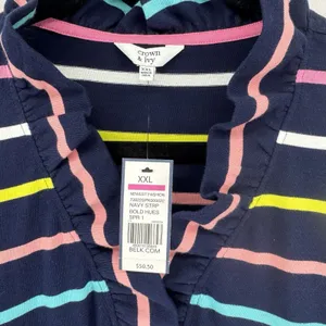 Crown & Ivy Womens Knit Top Navy Blue Stripe Ruffle Detail Preppy Coastal XXL thumbnail 2