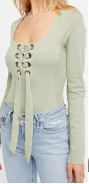Free People Looking Back Lace-Up Top Sage Green Size Medium‎ thumbnail 1