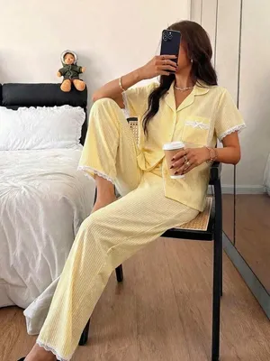 Yellow striped lace trim pajama set thumbnail 5
