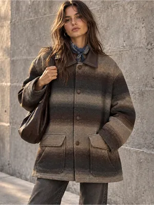 Vintage Southwestern Wool Blend Barn Coat Genuine Leather Collar L thumbnail 1