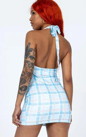Princess Polly NWT - SIZE 8 PLAID HALTAR MINI DRESS BLUE thumbnail 2
