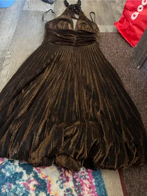 Cache Women’s Halter Metallic Brown Pleated Dress thumbnail 4