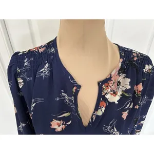 Fun2Fun Navy Blue Floral Boho Kenmore Split Neck Stretch Blouse Size S thumbnail 3