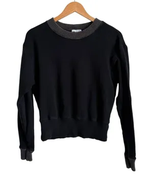 James Perse Cropped Contrast Rib Crewneck Sweatshirt Black Grey Medium thumbnail 1
