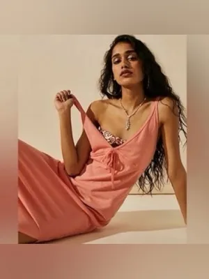 Free people essential tank tie front maxi dress in strawberry colada orange thumbnail 2