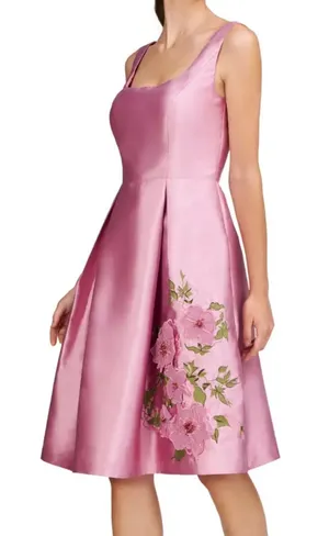 Kay Unger Rebekah Floral Appliqué Satin Fit Flare Midi Dress Pink Size 6 thumbnail 1
