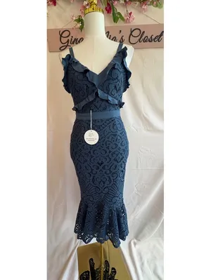 Lady Black Tie Navy Blue Lace Ruffle Detail Midi Dress Size 2 thumbnail 2