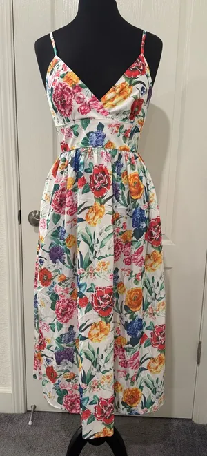 Floral Adjustable Spaghetti-Strap Midi Dress in White with Multicolor Blooms thumbnail 1