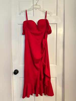 Red Ruffle-Side Sweetheart Midi Dress large thumbnail 2