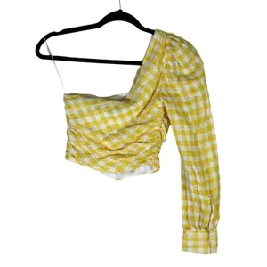 Zara One Shoulder Gingham Ruched Crop Top Pastel Yellow Size XS‎ thumbnail 4