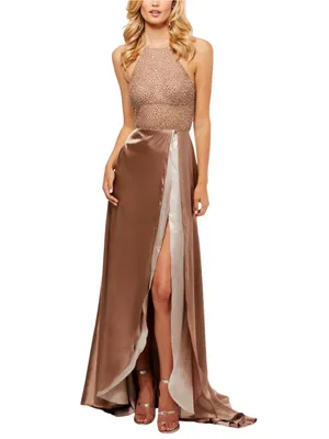 Sherri Hill 52570 Beaded Rhinestone Satin Layered Halter Gown 0 in Mocha thumbnail 2
