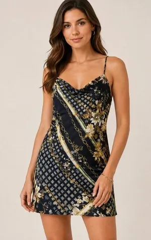 Princess‎ Polly Women Sz 10 Lucci Satin Slip Dress Mini Floral Chain Print Black thumbnail 1