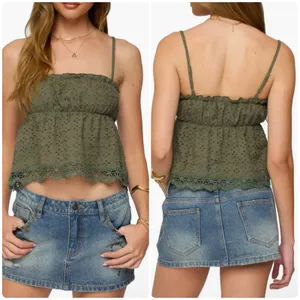 Edikted Womens Olive Green Orian Eyelet Cotton‎ Babydoll Camisole Top Size M thumbnail 2