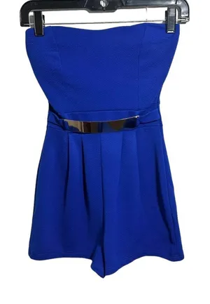 UK2LA Womens Size Small Strapless Short Romper Blue Metal Plate Pleated thumbnail 1