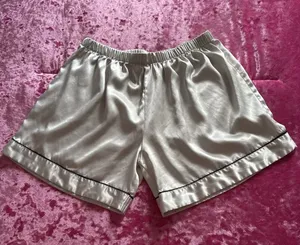 Satin Women s Pajama Shorts Silver Elastic Waistband Medium Black Piping Fancy thumbnail 1