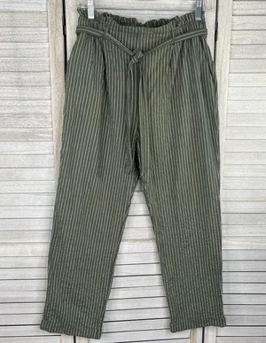 SIENNA SKY High Rise Cropped Casual Pants w Paperbag Waist Olive Stripe-L thumbnail 1