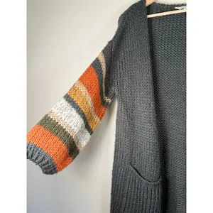 Davi & Dani Charcoal Grey Chunky Knit Striped Balloon‎ Sleeve Cardigan Medium thumbnail 3