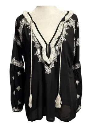 Karina Grimaldi Size L Blouse Top Bohemian Embroidered Boho Long Sleeve Fringe thumbnail 1