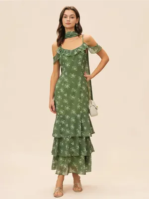 Rihoas Green Floral Ruffled Cold-Shoulder Maxi Dress thumbnail 7