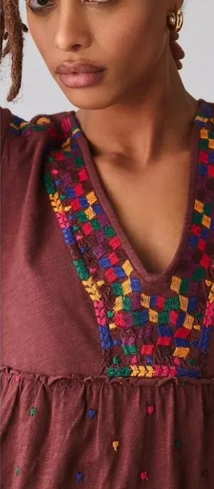 Anthropologie Brown Embroidered Bohemian V-Neck Ruffle Short Sleeve Top thumbnail 1