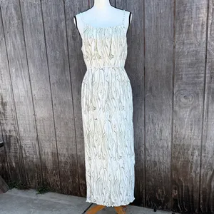 S Deer Shabby Chic Spaghetti Strap Cream & Green Print Elegant Maxi Dress Size L thumbnail 5