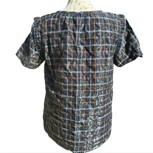 LOFT -289 Plaid Short‎ Sleeve Ruffle Shimmer Blouse Top Black Tan White Small thumbnail 6