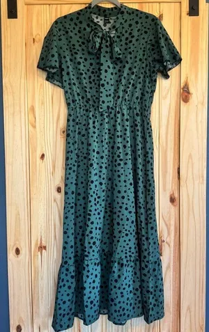 SheIn Rockabilly Green & Black Spotted Bow Neckline Flutter Sleeve Dress size Large thumbnail 8