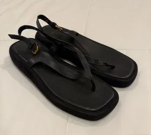 ZARA 1 Black Leather Flatform Thong Sandals Square Toe Slingback 38 / US 7.5 thumbnail 1
