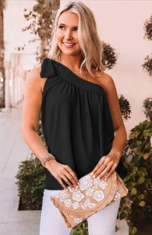 NEW Black Asymmetric One Shoulder Tied with Bow Sash Pleated Blouse L thumbnail 4