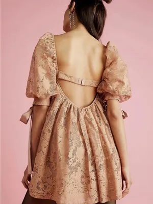 For Love & Lemons Size L Mauve Lace Puff Sleeve Mini Dress Satin Bow Ties thumbnail 5