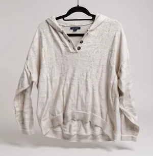 American‎ Eagle Knit Hooded Pullover Sweater Light Gray Button Neck Size L thumbnail 1