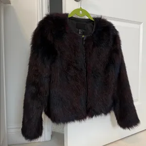 H&M Faux Fur Burgundy + Navy Toned Faux Leather Trim Coat thumbnail 9