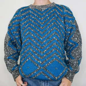 Vintage 80s Geometric Blue and Gray Zig Zag Sweater thumbnail 2