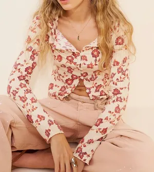 NEW Free People Tilly Tea Combo Ivory Floral Button Front Cotton Long Sleeve Top thumbnail 1