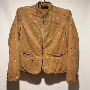 Relativity Womens Corduroy‎ Embroidered Floral Jacket Tan Zip Up Stand Collar thumbnail 1