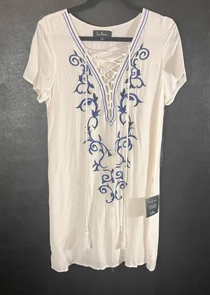 Lulus Down In Kokomo White And Blue Embroidered Lace Up Dress Size‎ Medium thumbnail 1