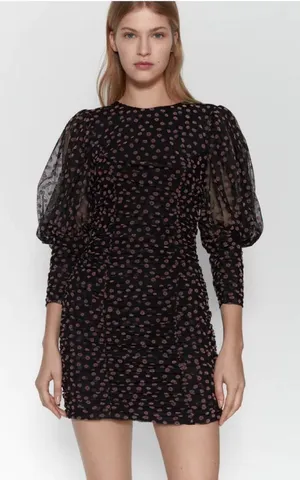 NWT Zara Bloggers Fav Puff Sleeve Sheer Textured Floral Dress XXL thumbnail 1