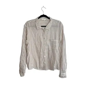 Maurices Cropped Striped Button Down Shirt Cream White Linen thumbnail 2