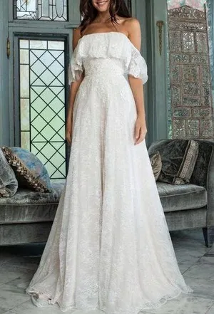 Theia Imelda off-the-shoulder embellished Chantilly Ivory lace bridal gown sz O thumbnail 1