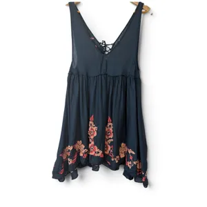 Free People Intimately Navy Blue Floral Embroidered Lace Up Mini Dress Small thumbnail 3