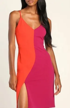 Lulus Perfect Duo Coral Red and Purple Color Block Bodycon Mini Dress Size Large thumbnail 1