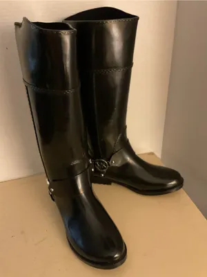 Michael Kors women Glossy Black Tall MK Logo Fulton harness Rain Boots US 8 thumbnail 6