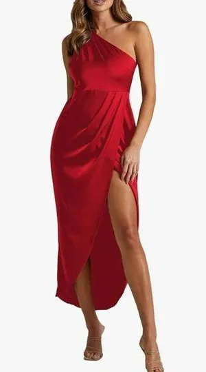 NEW LYANER 1 Shoulder Ruched Slit Split Wrap Zipper Midi Dress M thumbnail 1