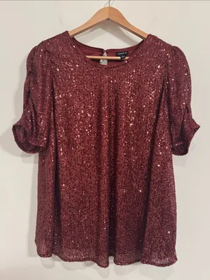 Torrid Burgundy Sequin Short Sleeve Going out Top Ruched Sleeves Keyhole Back 1X thumbnail 2