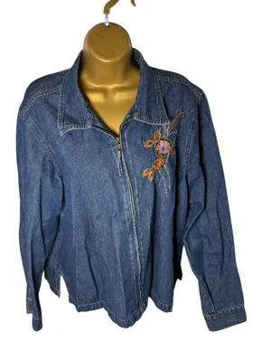 VTG Y2K Erika Embroidered Floral Zip Front Denim Jacket Long Sleeve Blue L thumbnail 1