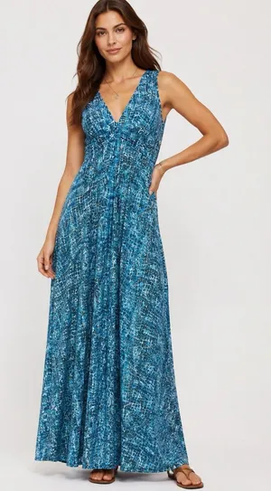 Derek Lam Blue Ocean Wave Maxi Dress Resort Beachy Ruched Empire Sleeveless M thumbnail 1