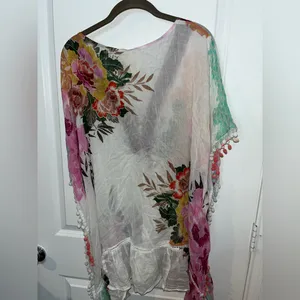 Z&L Europe Floral Textured Pom-Pom Open Front Pattern Airy Caftan Cover Up Sz L thumbnail 8