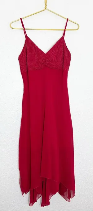 Vintage Y2K Red Beaded Asymmetrical Hem Midi Dress Medium Fairy Whimsigoth 90s thumbnail 1